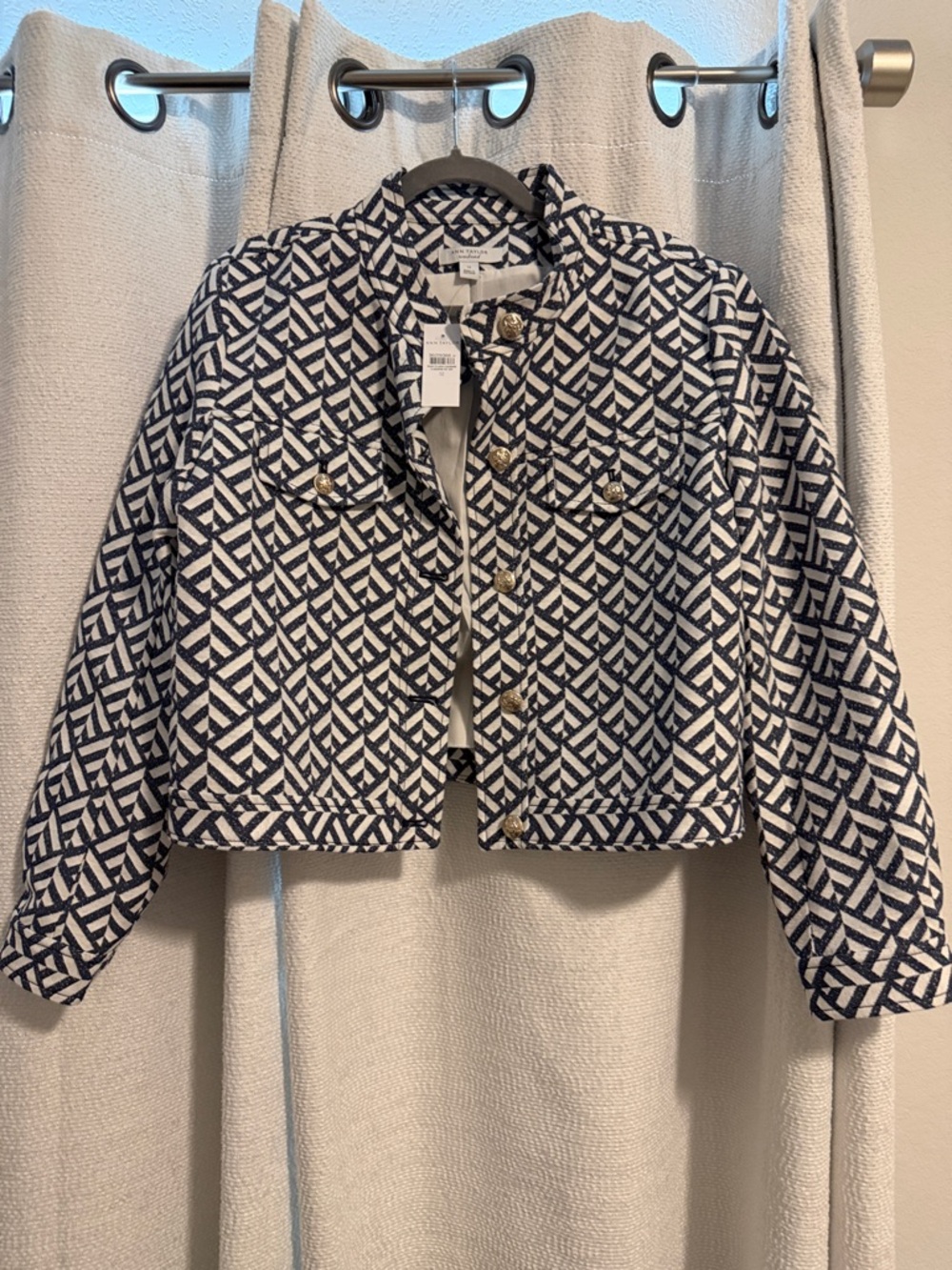 Ann Taylor Navy and White Geometric Button Jacket